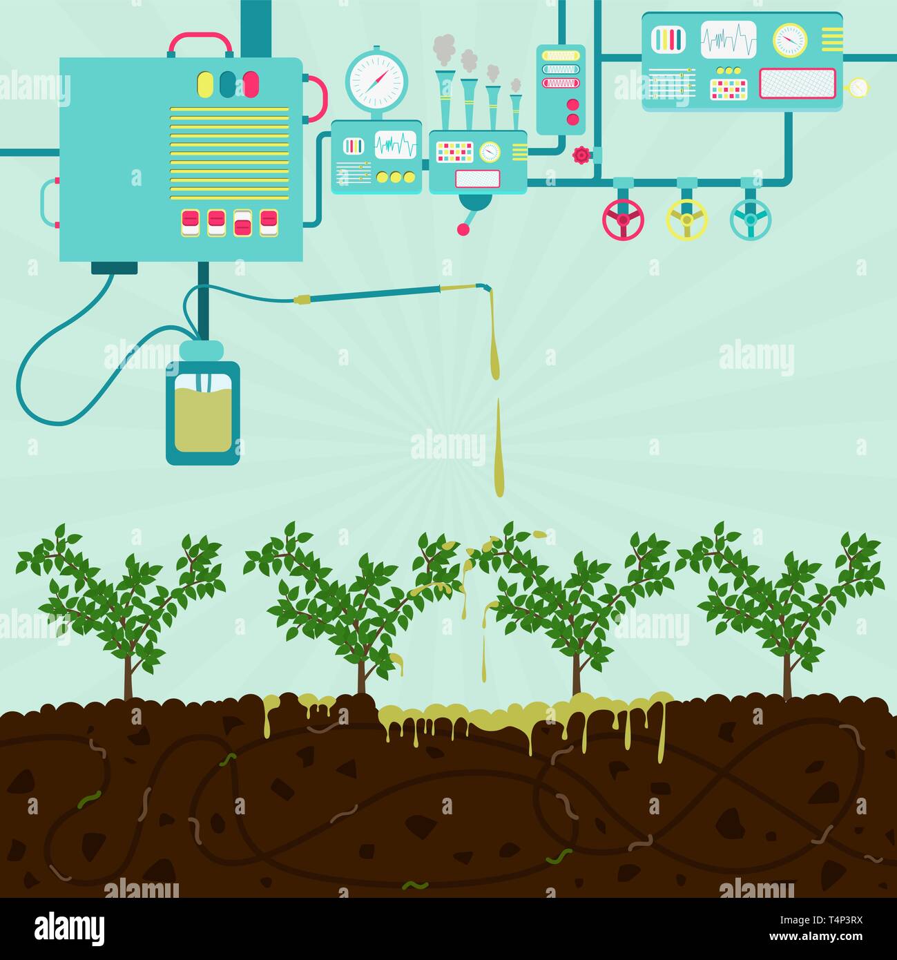 Chemical plant producing toxic product. Toxic product polluting planting and soil. Composting process with organic matter, microorganisms and earthwor Stock Vector