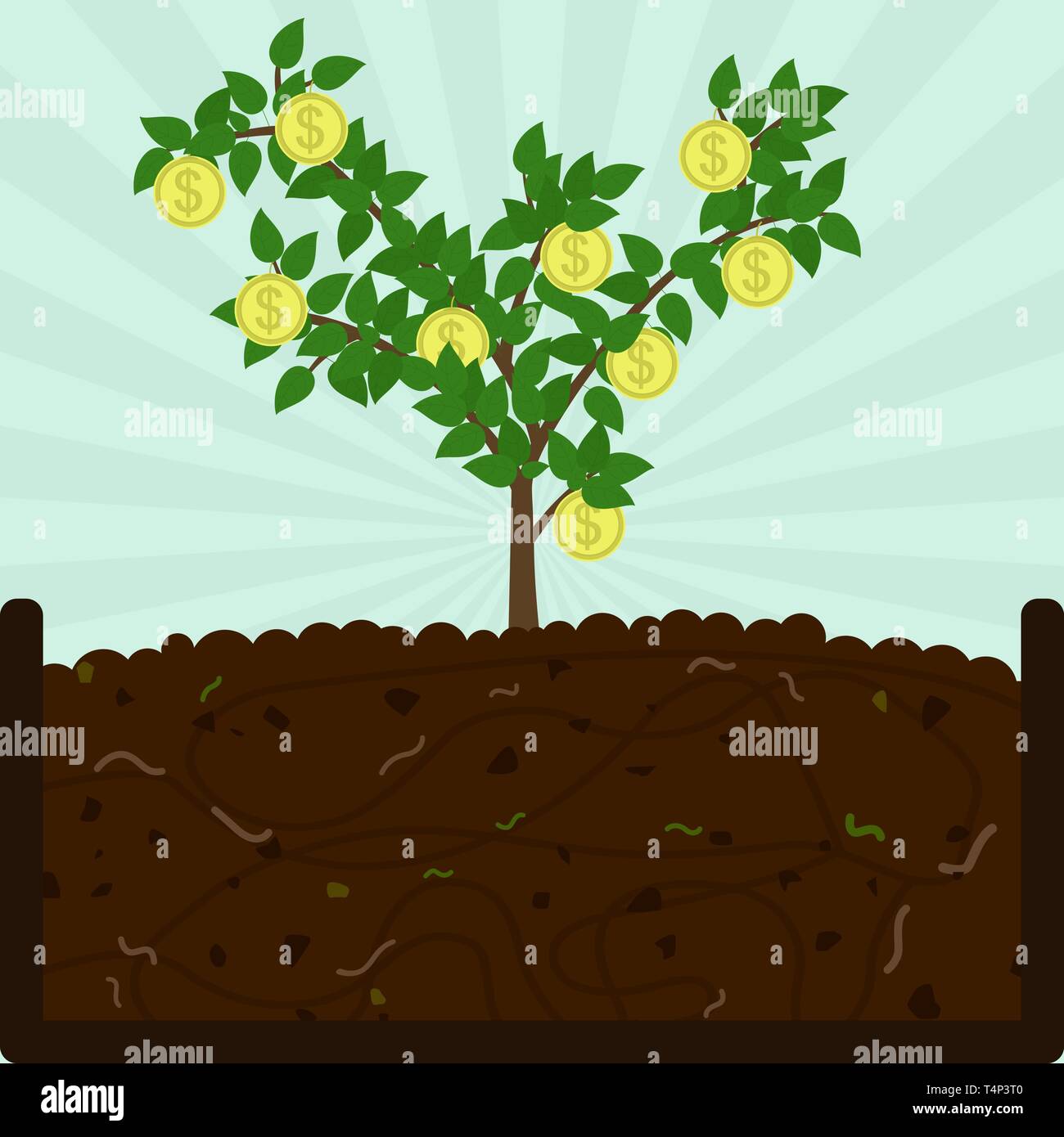 Planting Planting coin tree . Composting process with organic matter, microorganisms and earthworms. Fallen leaves on the ground. Conceptual Stock Vector