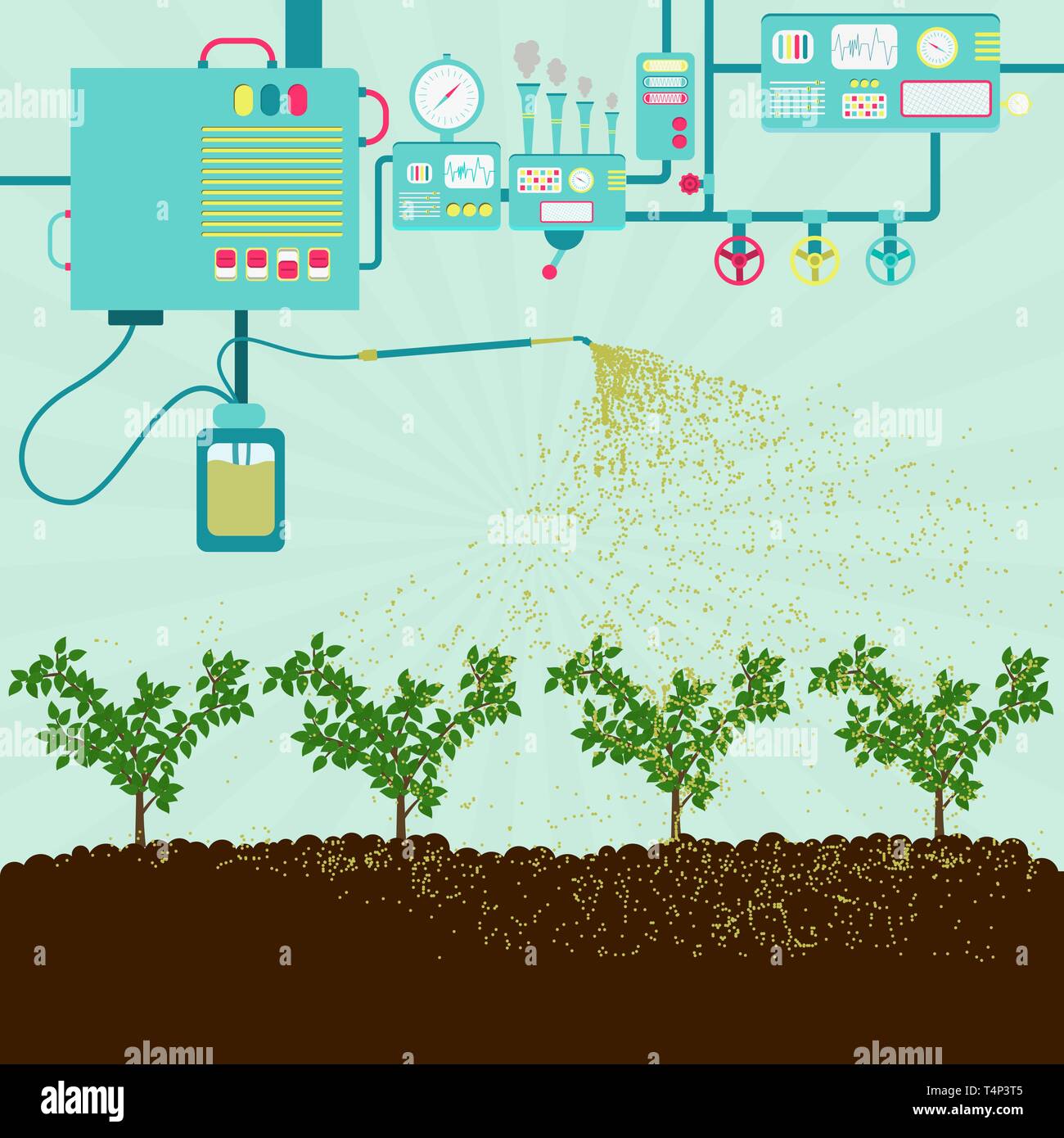 Industrial machine producing pesticides and spraying on a plantation. Contamination of soil by pesticides. Stock Vector