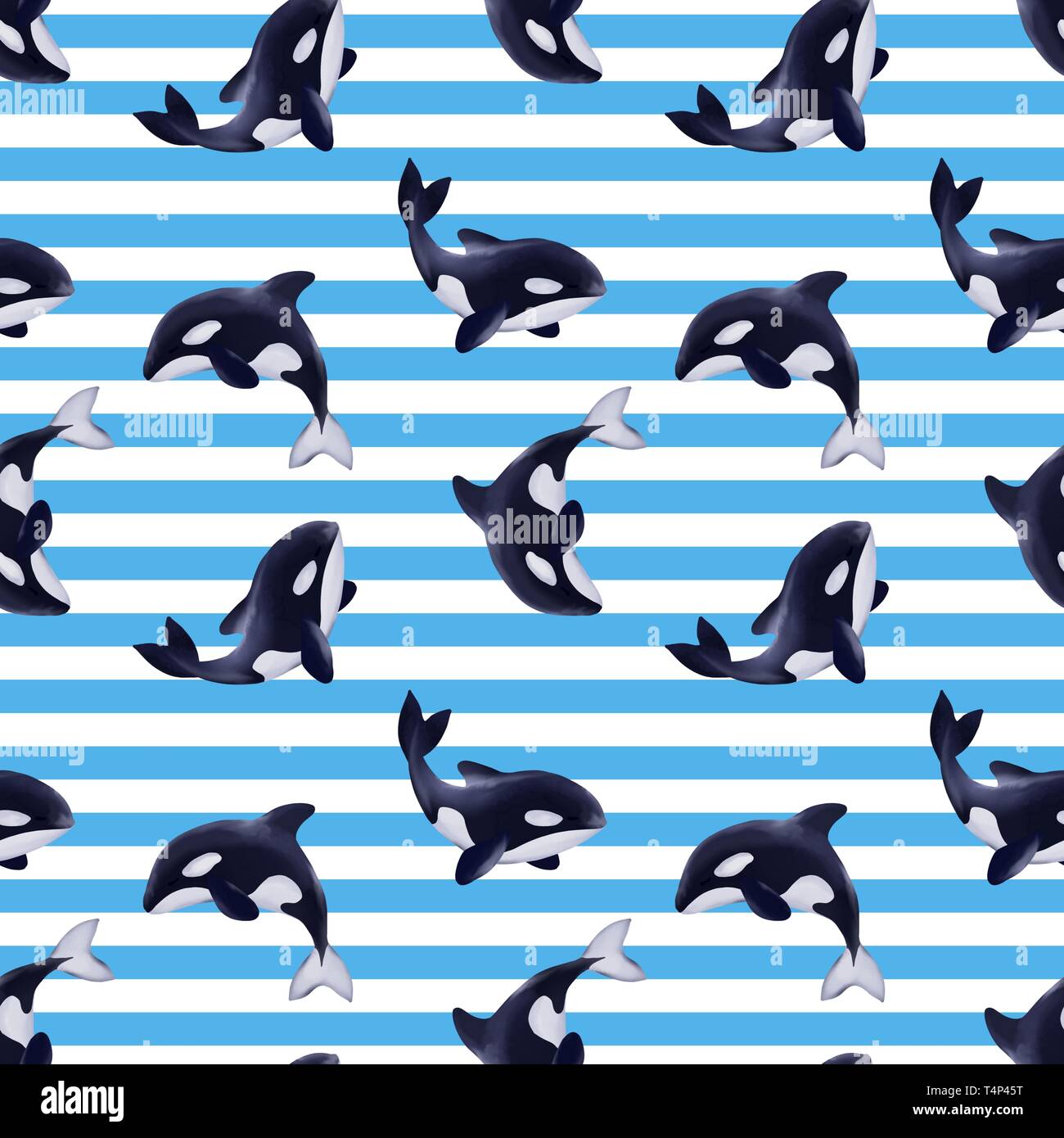 Seamless pattern with cartoon orcas Stock Photo