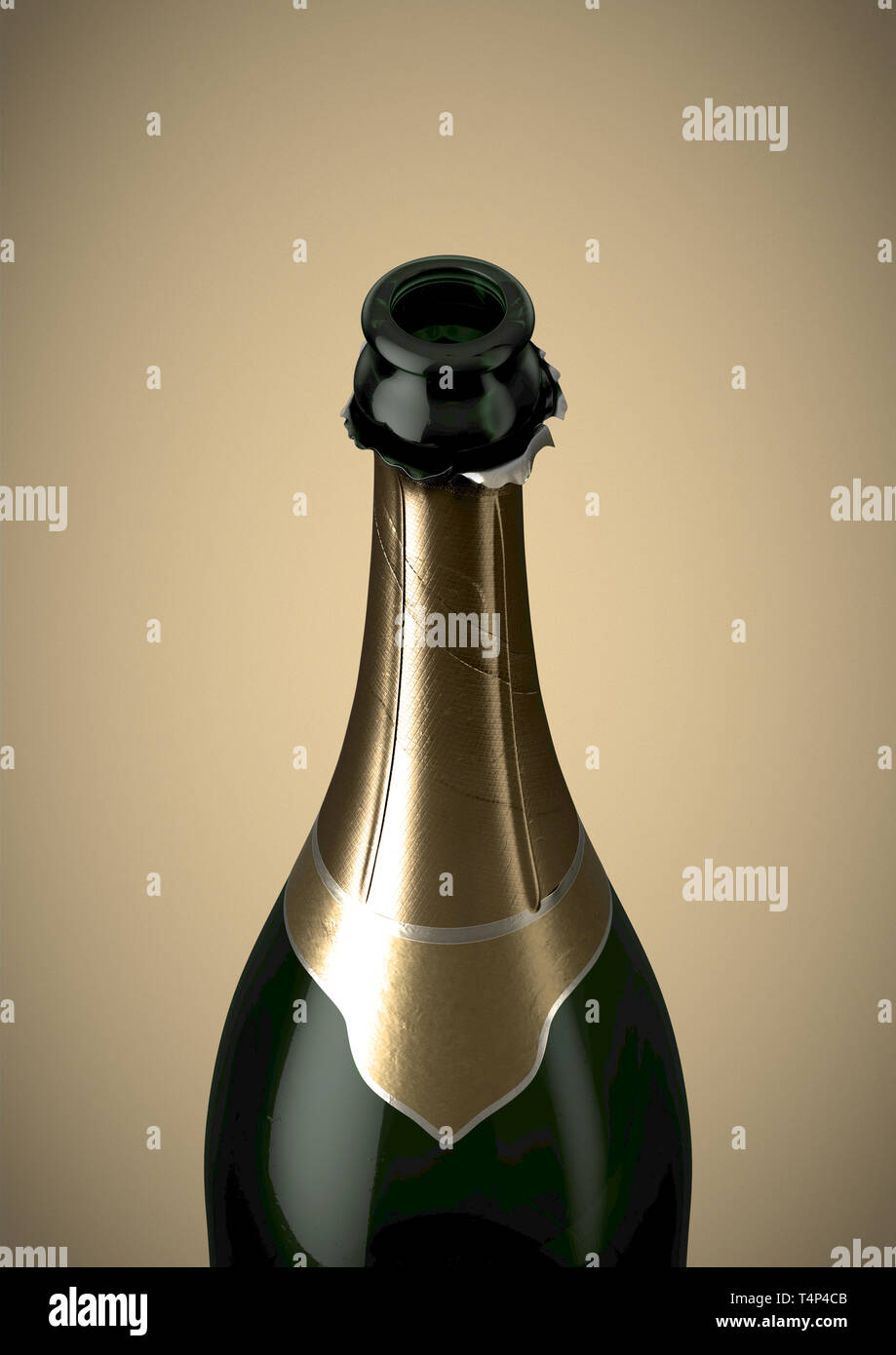 A green bottle of champagne showing the open top and torn gold foil on
