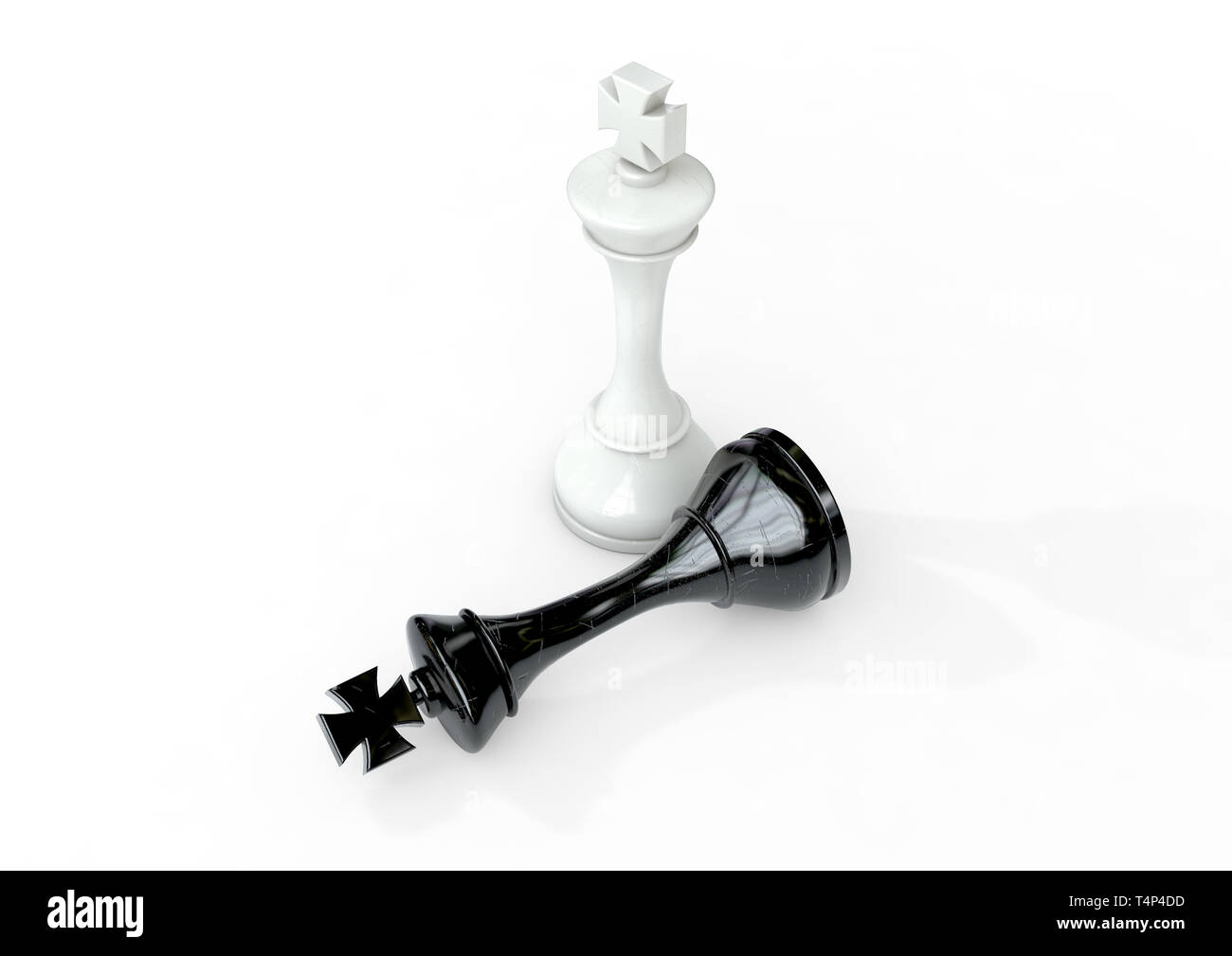 A white plastic chess king standing over the fallen black king on an isolated background - 3D render Stock Photo