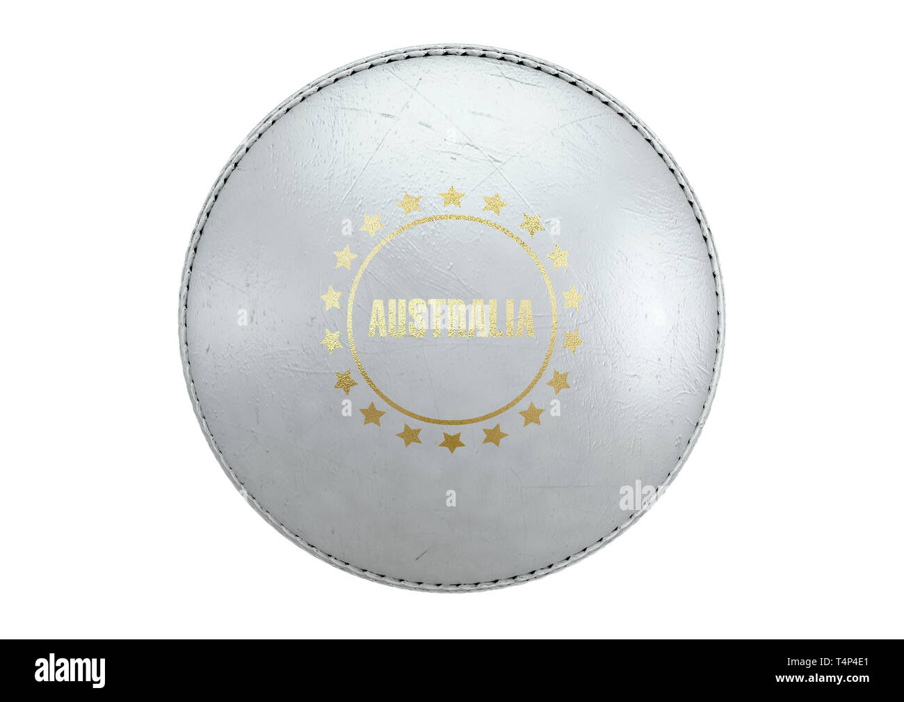 A side view of a white cricket ball with a gold foil branding area and the country name of australia on an isolated background - 3D render Stock Photo