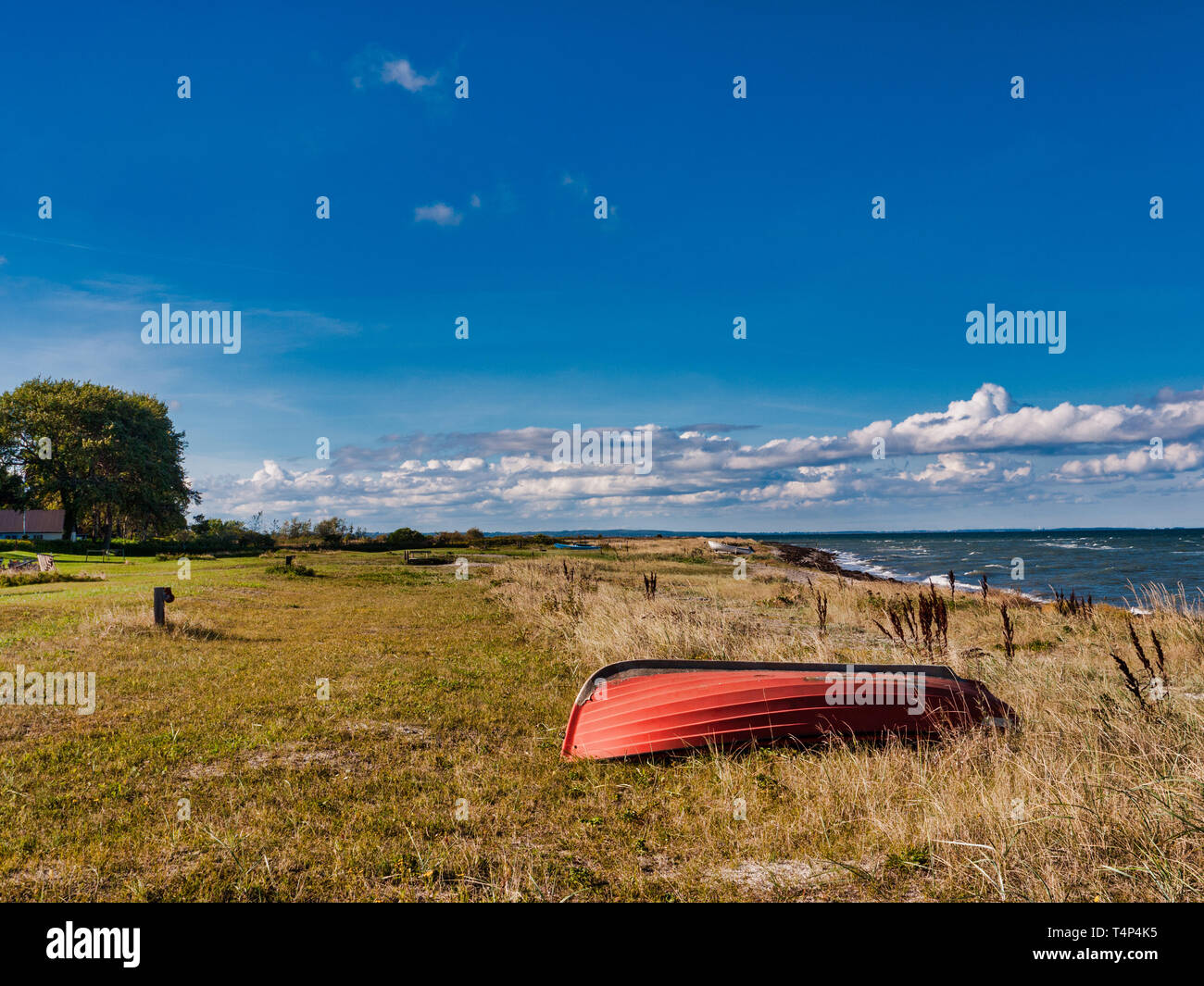 Red boat is lying on a meadow on the beach of the Baltic sea against a blue sky with clouds on Langeland island, Denmark Stock Photo