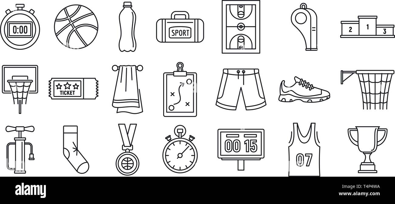 Basketball game equipment icons set. Outline set of basketball game equipment vector icons for web design isolated on white background Stock Vector