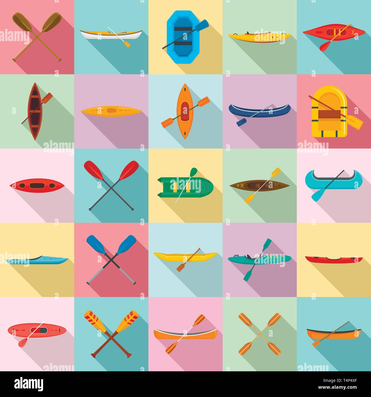 Canoeing icons set. Flat set of canoeing vector icons for web design