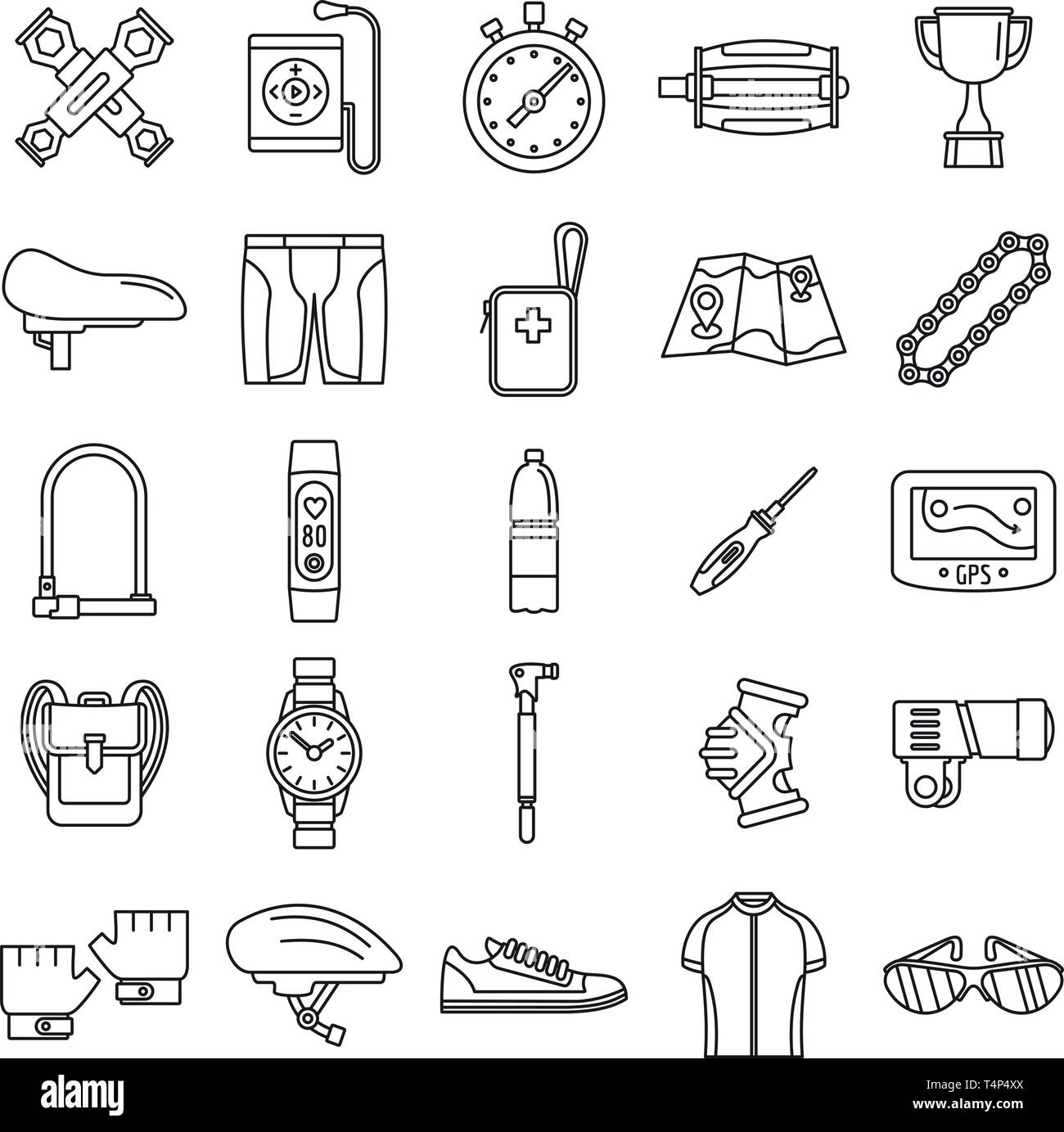 Cycling equipment kit icons set. Outline set of cycling equipment kit vector icons for web design isolated on white background Stock Vector