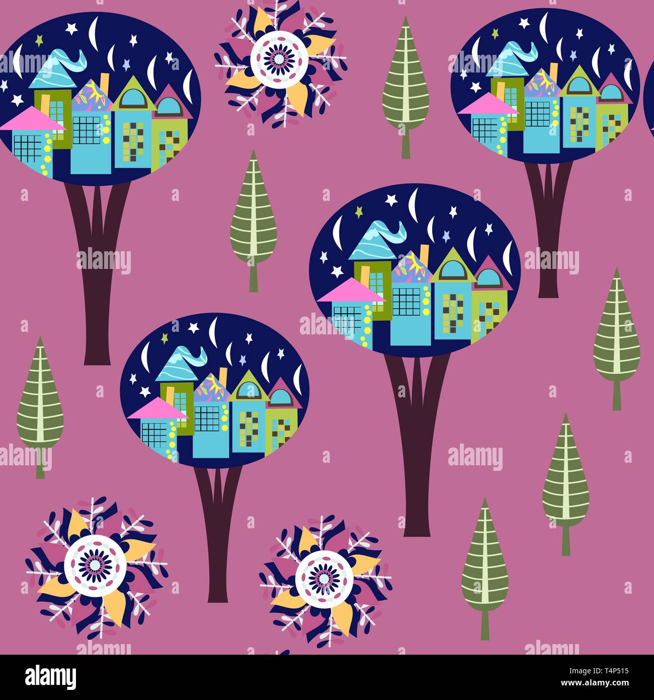 Beautiful odd fantasy trees seamless pattern. It is located in swatch menu, vector Stock Vector