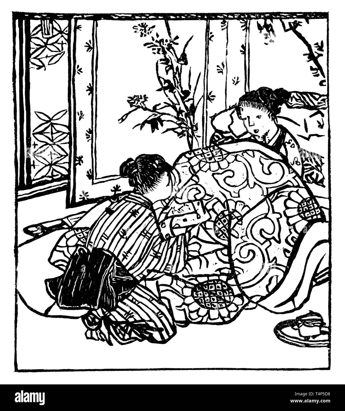 Circling Japanese woman, a circling Japanese woman, who helps a woman in her difficult confinement with a magic formula. After a Japanese woodcut,   1897 Stock Photo