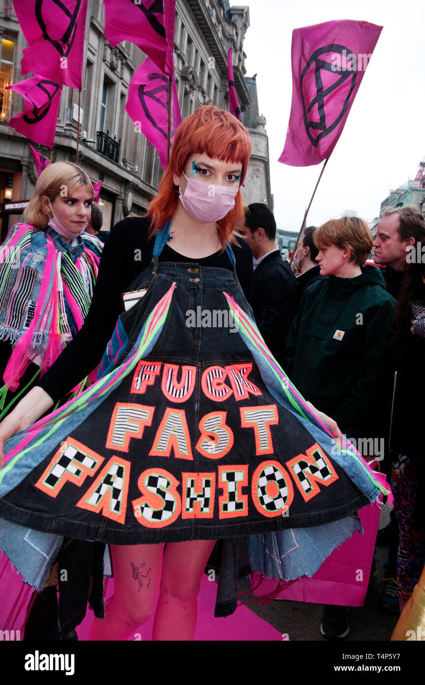 London, Oxford Circus. April 12th 2019. The crossroads at Oxford Circus become a catwalk for the Extinction Rebellion Fashion Action team, highlightin Stock Photo