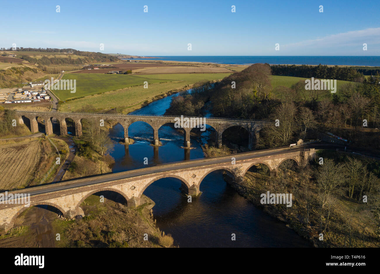 Aerial view of the Lower North Water bridge and the North Water Viaduct which cross the North Esk River as it flows in to the North Sea. On the left Stock Photo