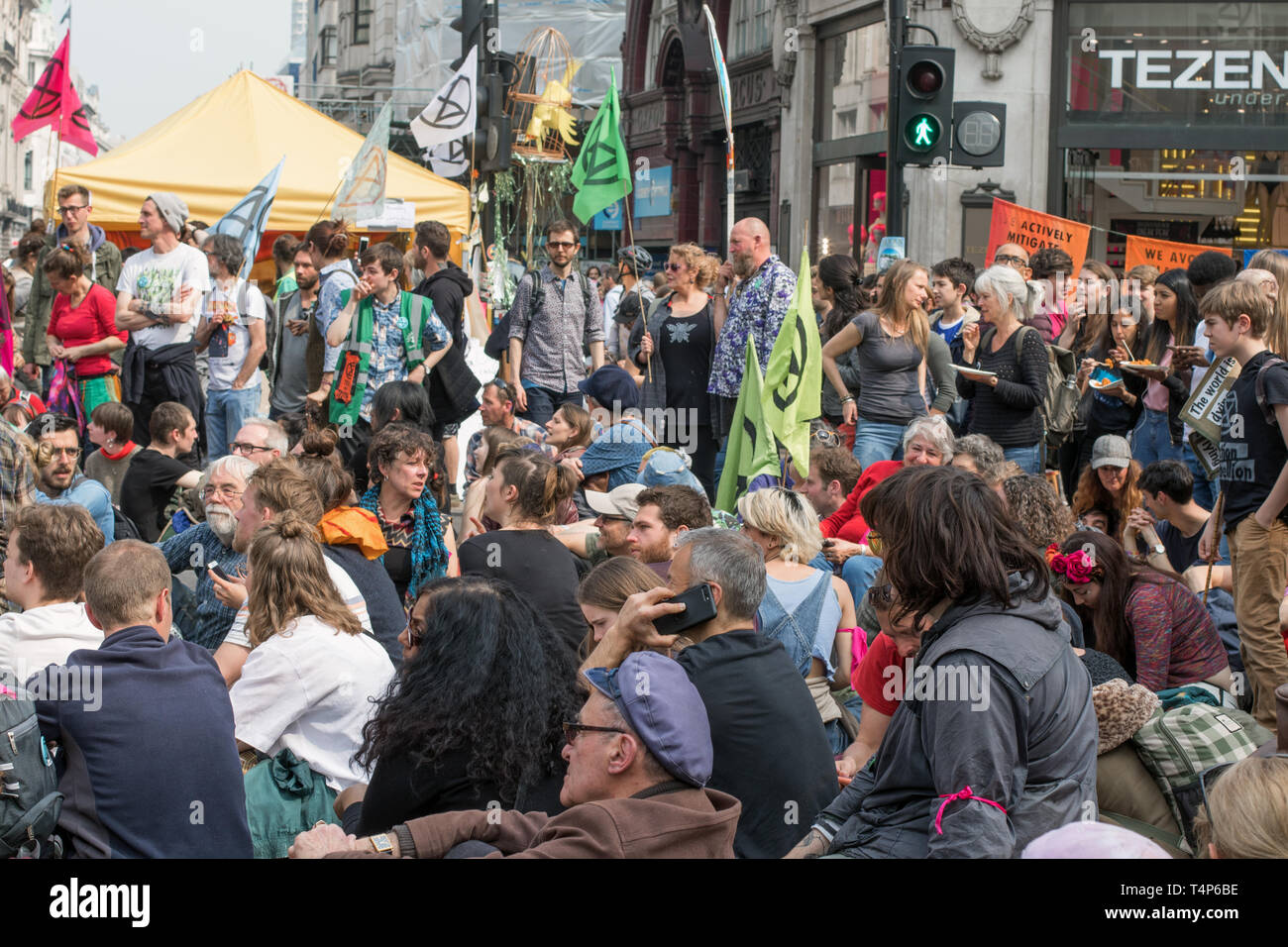 London, UK, April 17 2019 - Extinction Rebellion Climate Change protesters block the streets outside Oxford Circus station, London Stock Photo