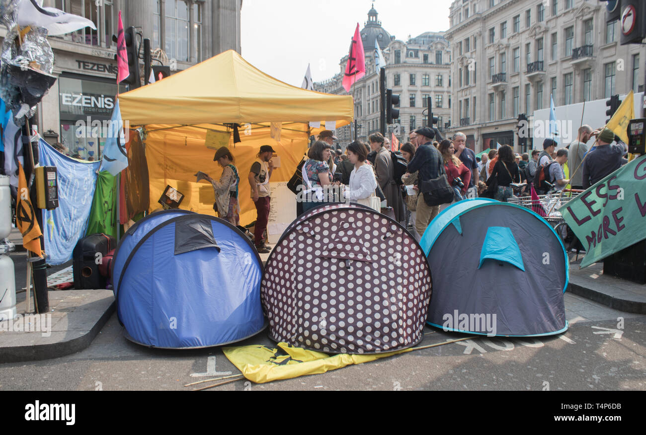 London, UK, April 17 2019 - Tents belonging to Extinction Rebellion Climate Change activists block the streets outside Oxford Circus station, London Stock Photo