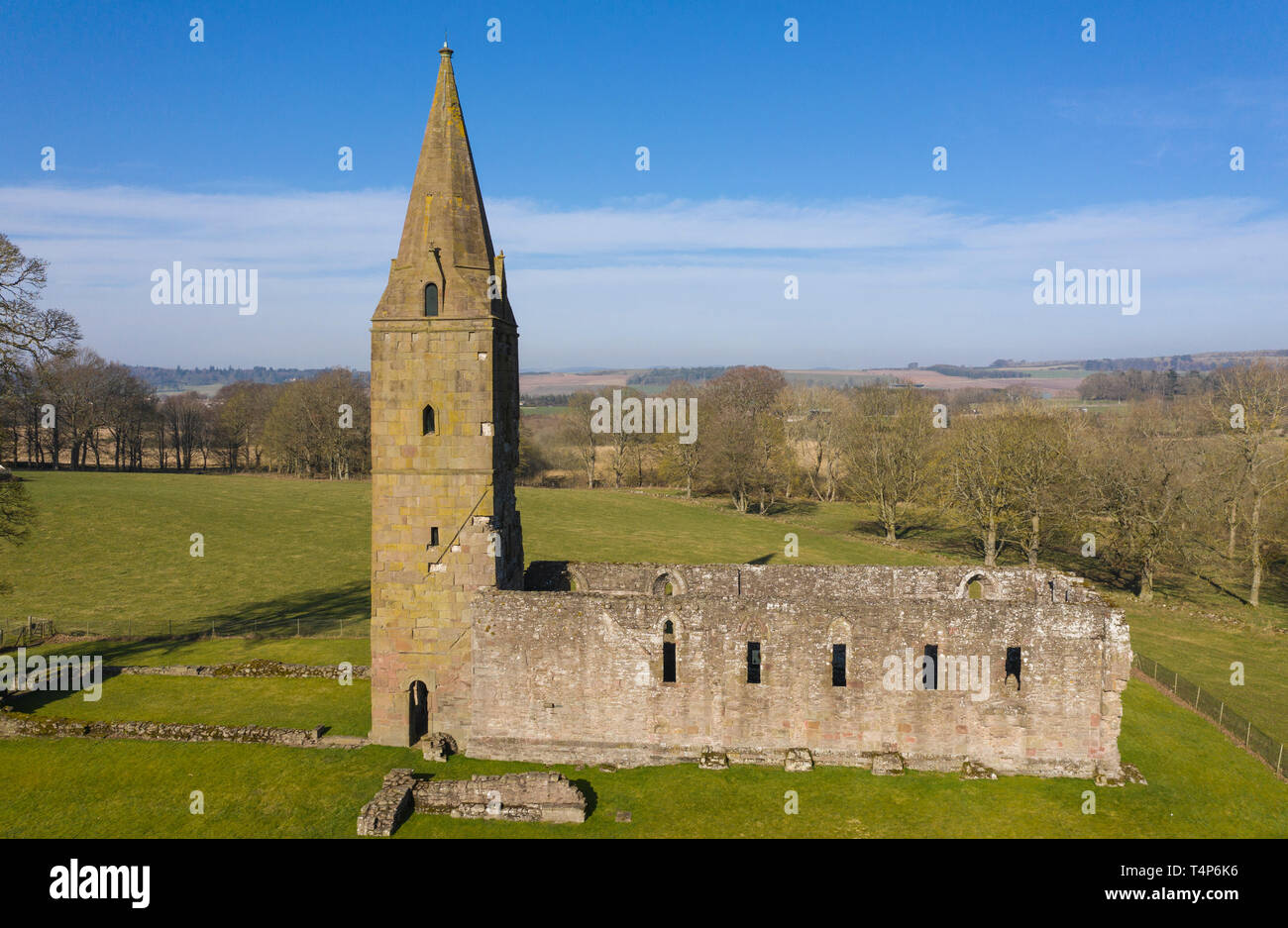Aerial view of Restenneth Abbey near Forfar, Angus, Scotland. It is believed to have been founded by Nechtan, king of the Picts about AD 715. Stock Photo