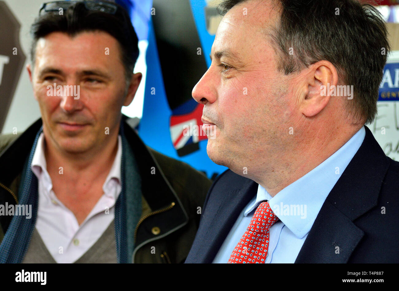 Arron Banks -  businessman and political donor. Co-founder of the Leave.EU campaign, with fellow Leave campaigner Andy Wigmore (left) passing College  Stock Photo