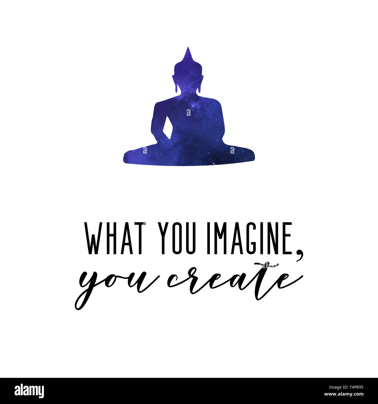 What you imagine, you create. Buddha quote with buddha silhouette with blue watercolor background. Stock Photo