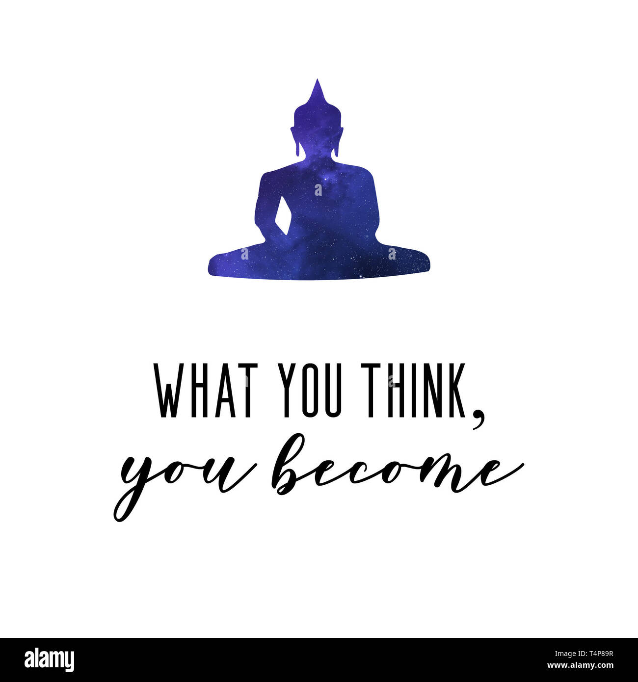 What you think, you become. Buddha spiritual quote with buddha silhouette in blue watercolor. Stock Photo