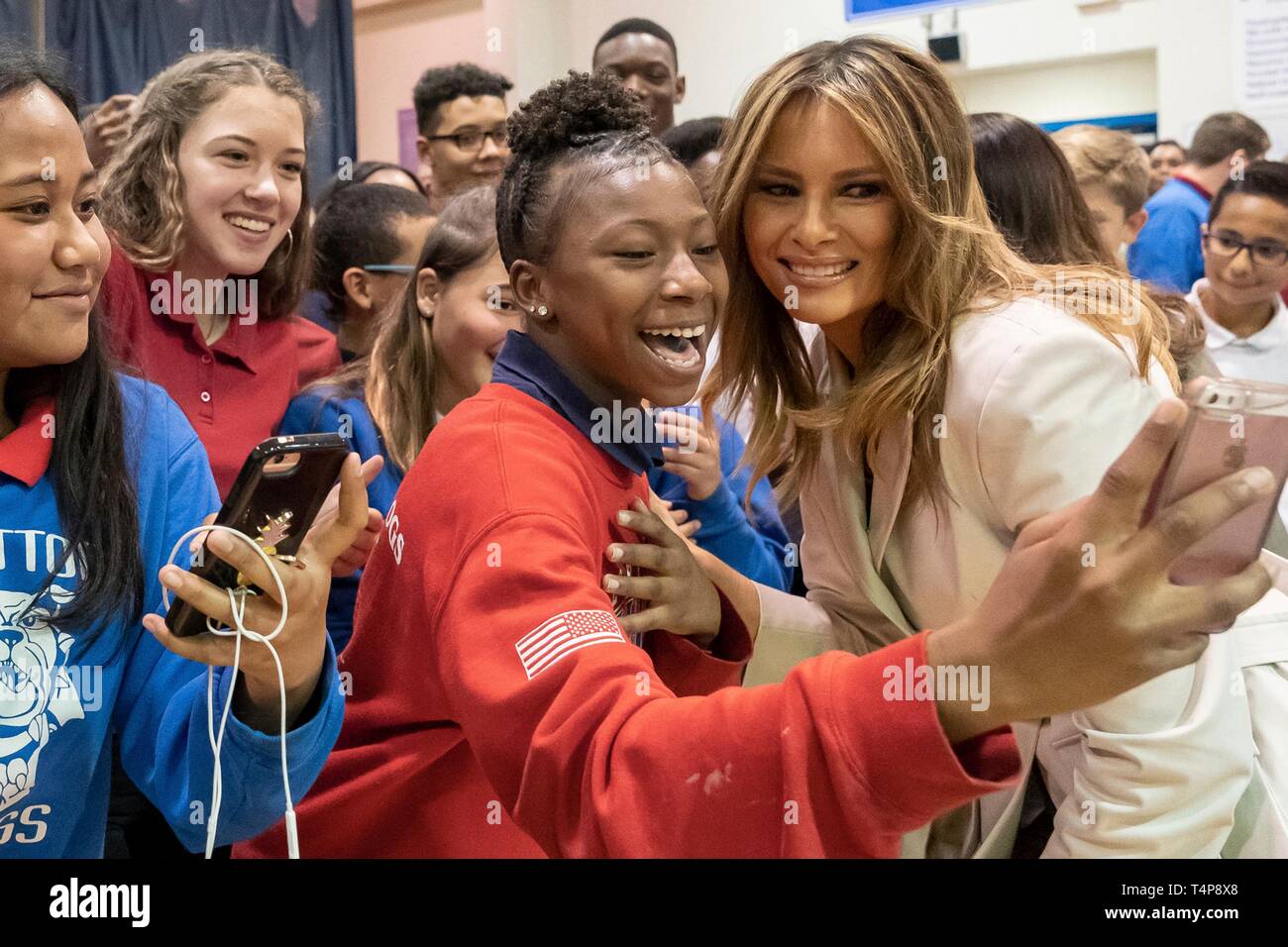 U.S First Lady Melania Trump, takes a selfie with students at Albritton