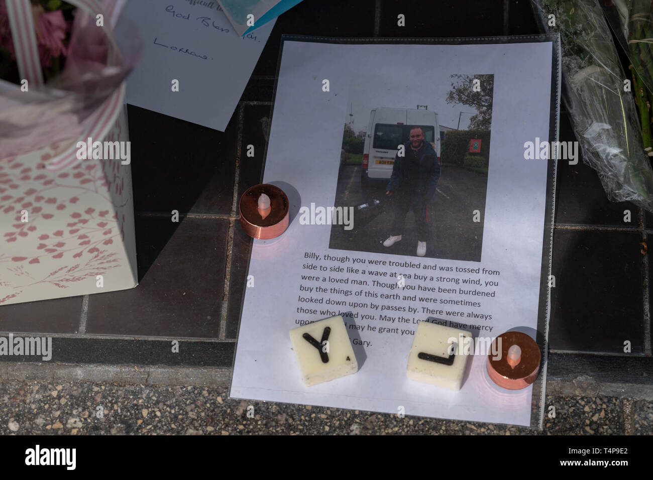 Makeshift shrine to 'Bill' a homeless man who was allegedly murdered in Brentwood High Street, Essex, UK. Stock Photo