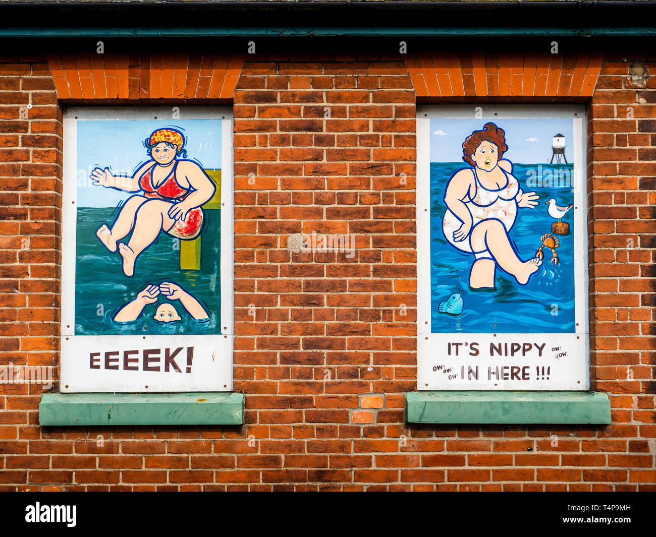 Vintage Seaside Postcard type murals on the walls of the Harwich Lifeboat Museum in the UK Ferry Port of Harwich in Essex. Stock Photo