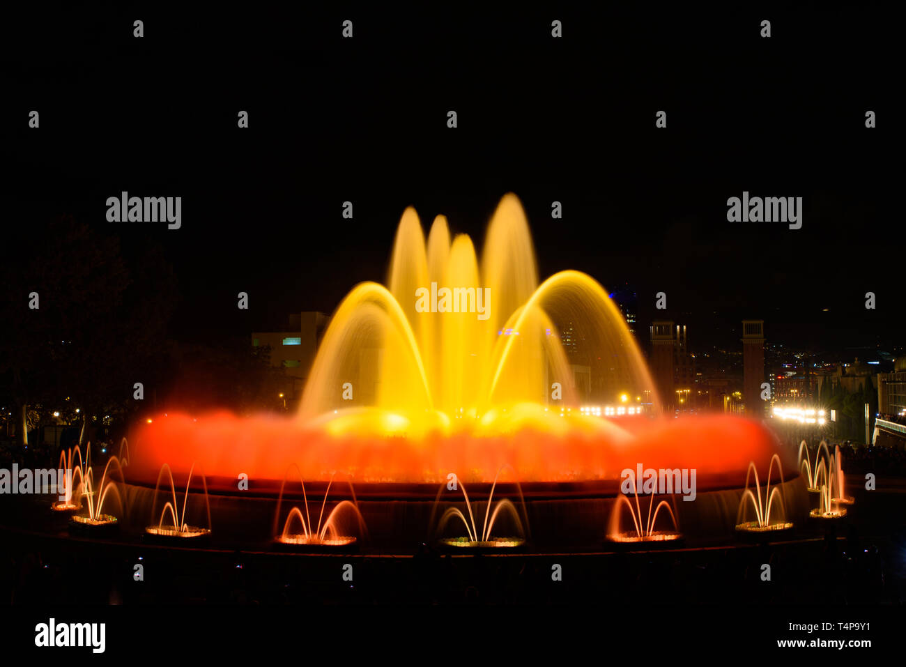 The colorful water show of Magic Fountain of Montjuic with light and