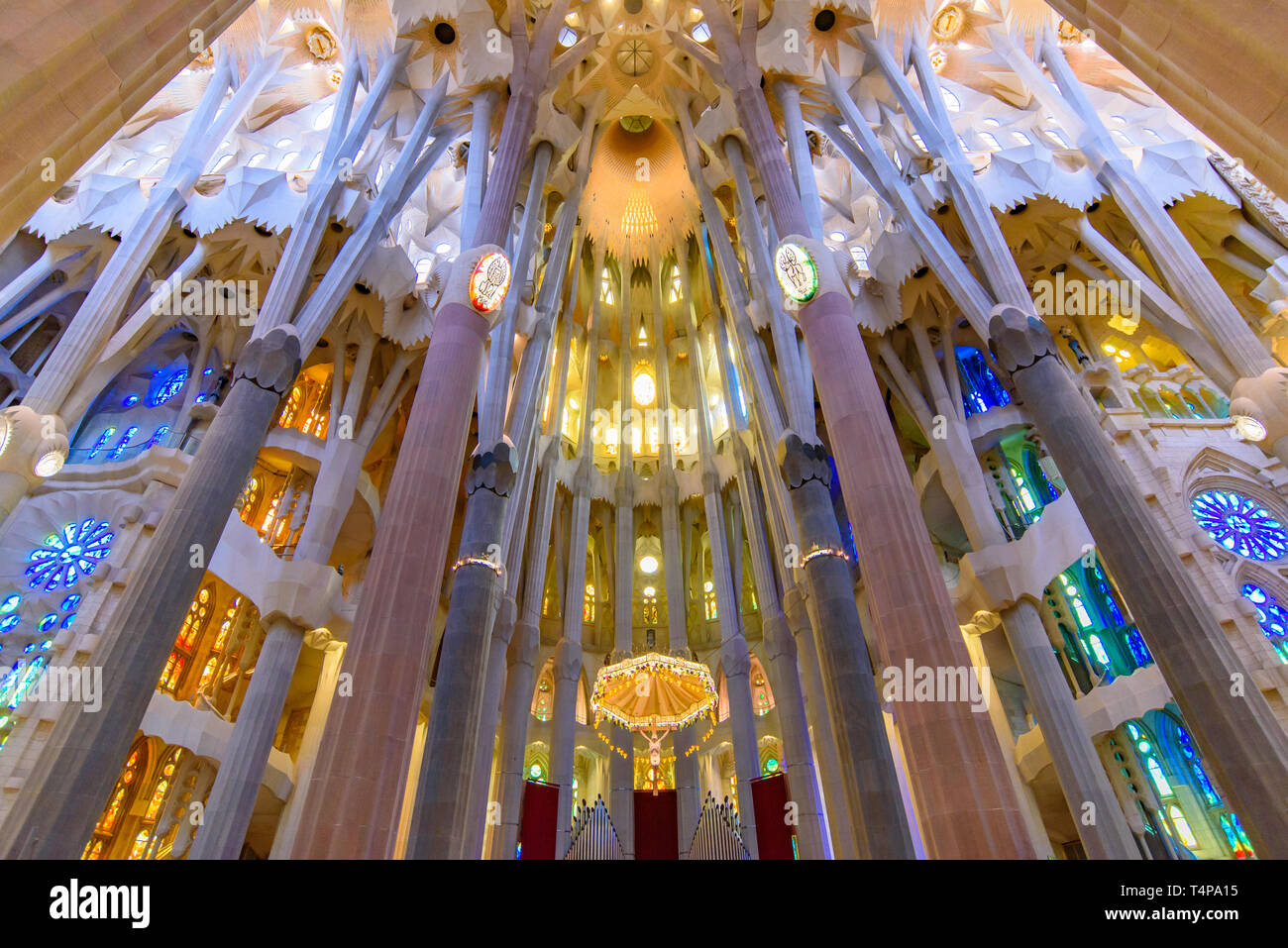 The interior of Sagrada Familia (Church of the Holy Family), the cathedral designed by Gaudi in Barcelona, Spain Stock Photo