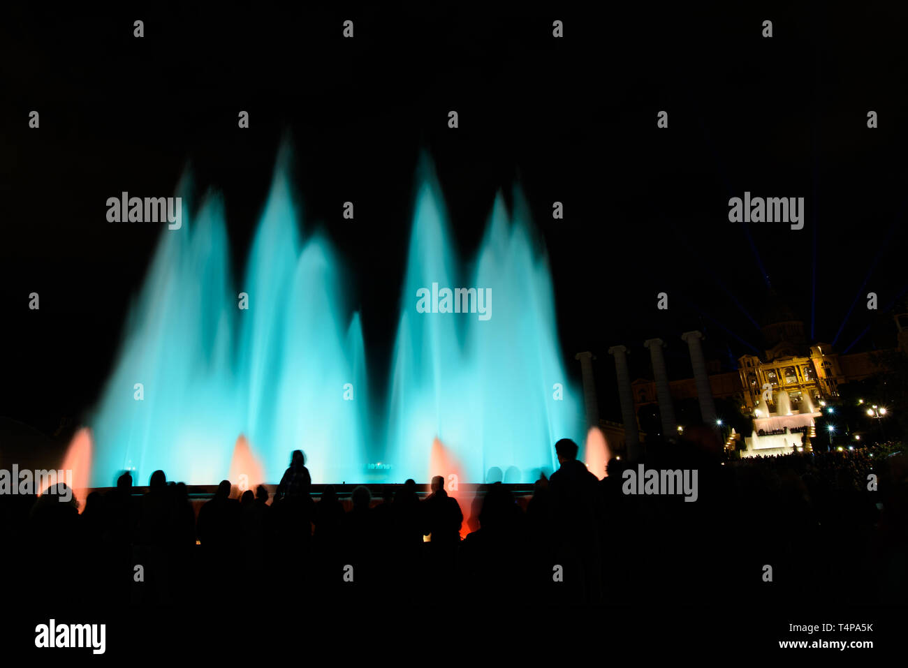 The colorful water show of Magic Fountain of Montjuic with light and