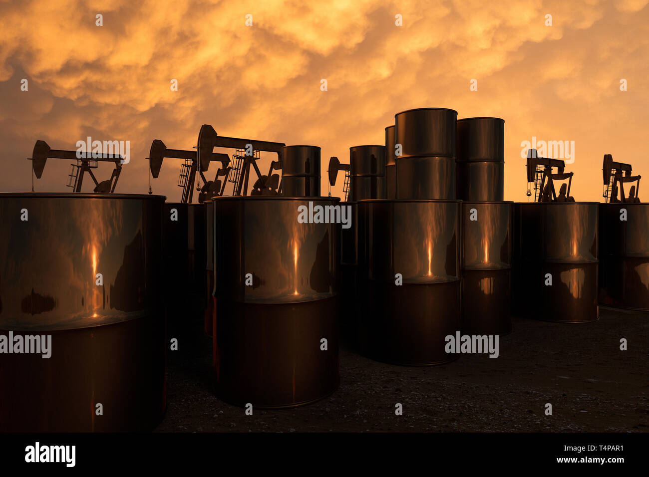 3D rendering of pump jacks in an oil field Stock Photo