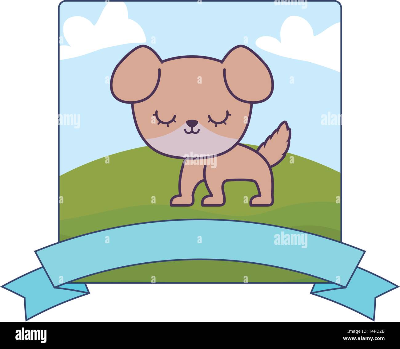 cute dog in landscape with frame and ribbon vector illustration design ...