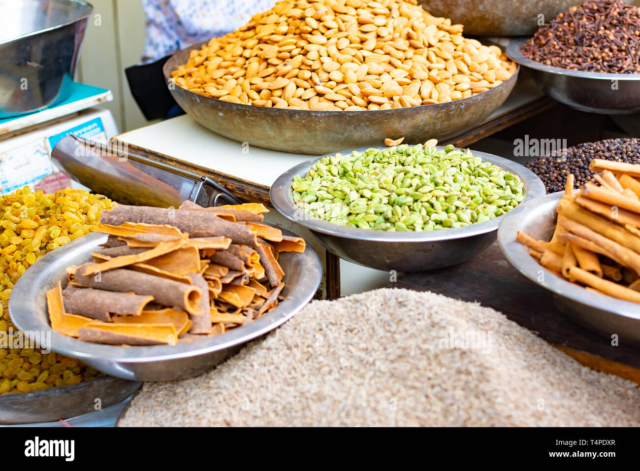 Traditional spices, dry fruits and nuts in local spicy bazaar in New