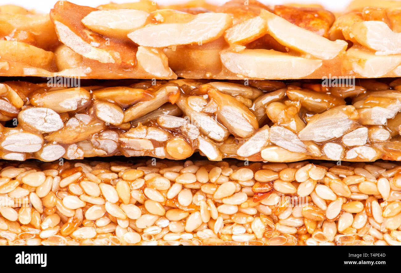 Honey bars with peanuts, sesame seeds and sunflower seeds Stock Photo