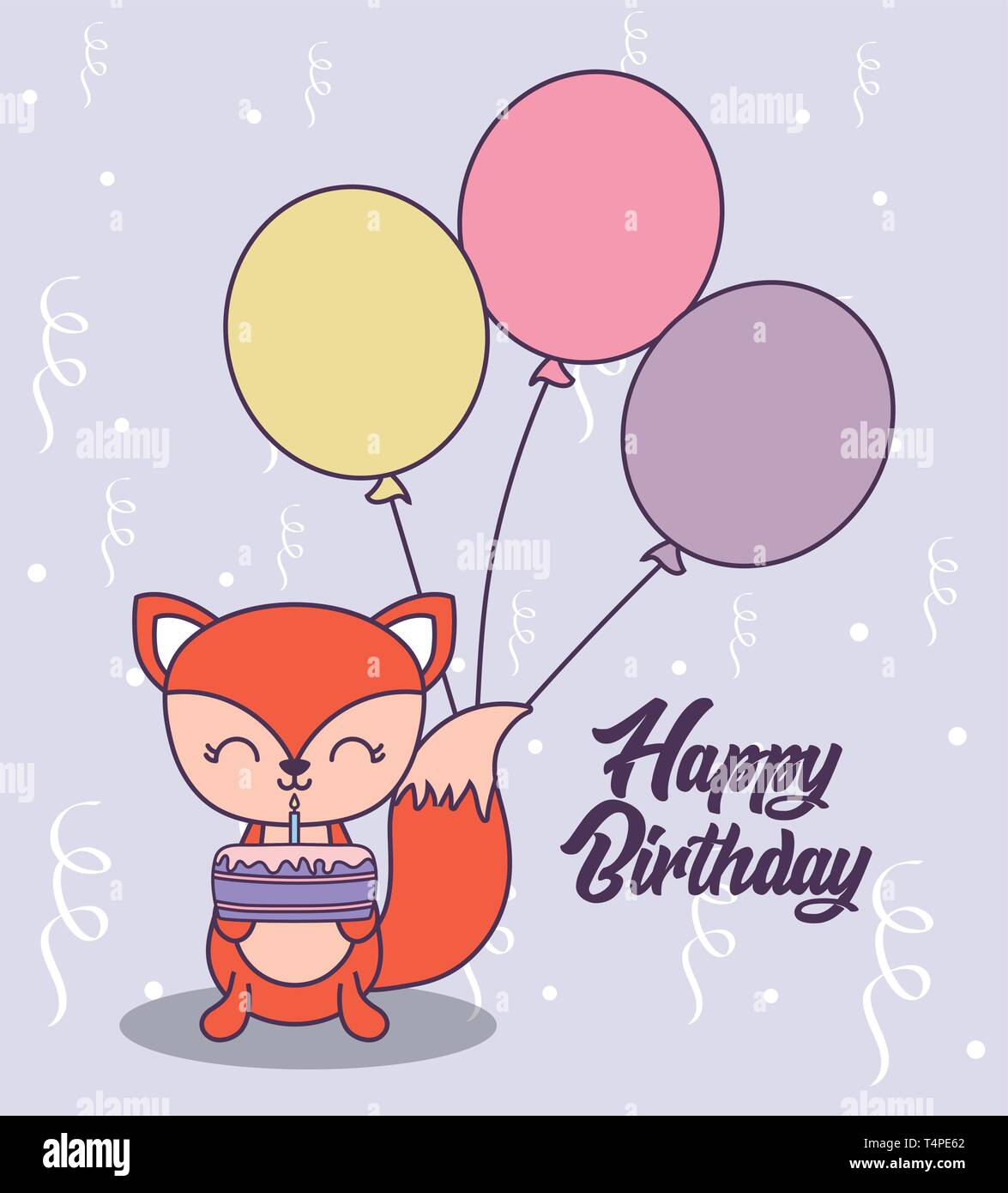 happy birthday card with cute fox and cake of birthday vector ...