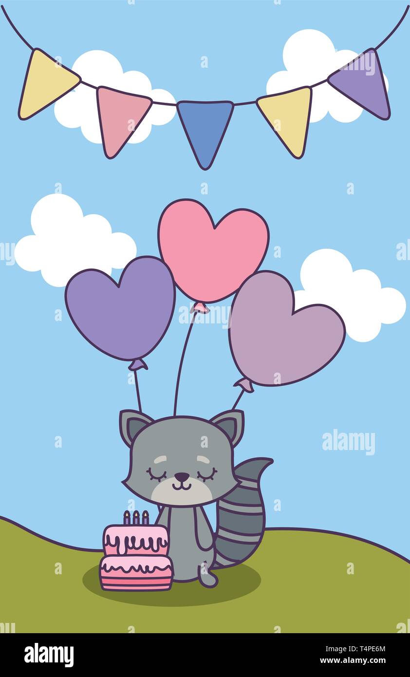 cute cat in landscape with decoration of birthday vector illustration ...