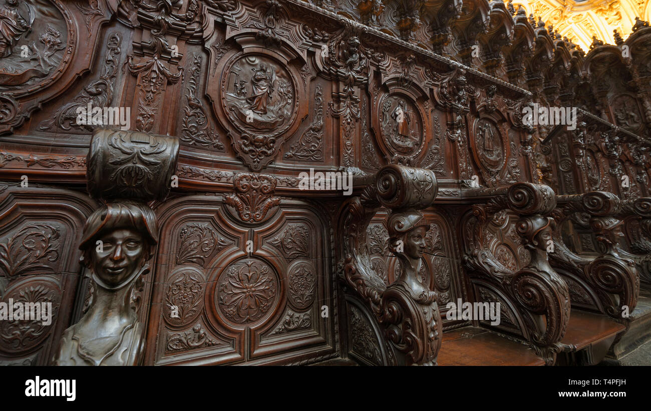 Mahogany choir stalls in the Santa Iglesia Cathedral (Cathedral-Mosque) in Córdoba. Stock Photo