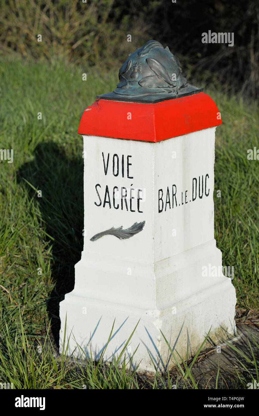 Verdun, France. 'Voie Sacree' (Sacred Way) milestone, between Bar-le-Duc and Verdun. Stock Photo
