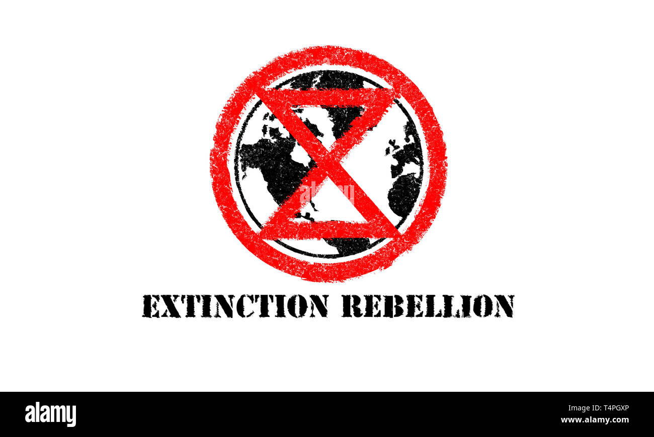 Extinction Symbol over planet earth, concept illustration Extinction Rebellion text, Stock Photo