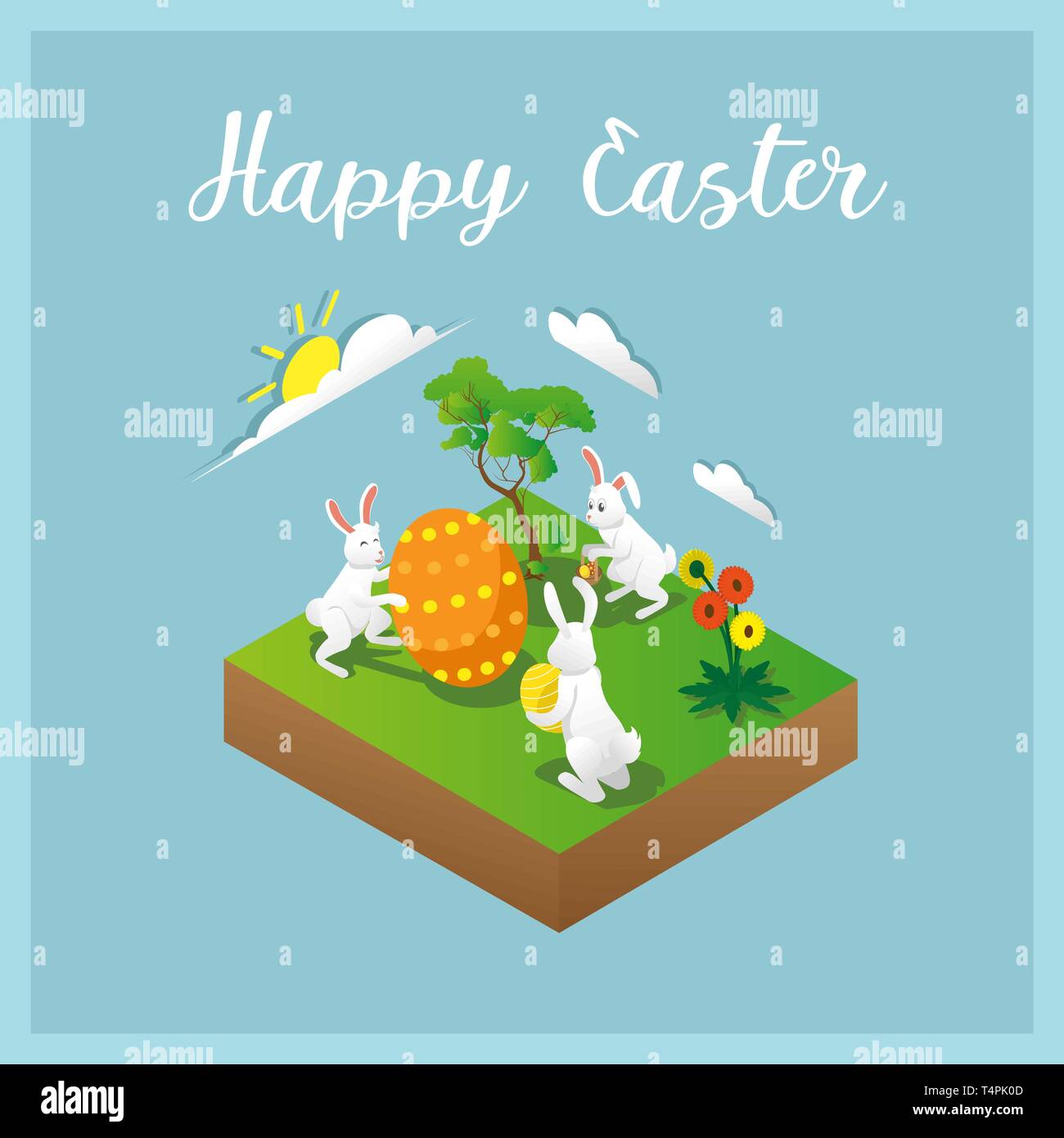 Isometric greeting card with Easter rabbit carrying eggs Stock Vector