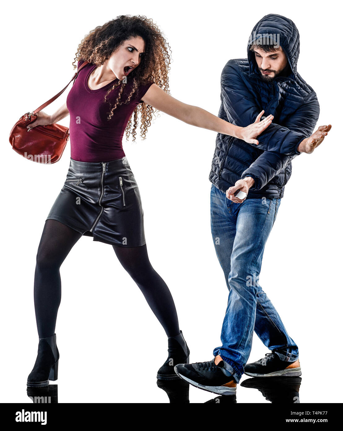 one caucasian woman victim of a thief aggression self defense isolated on white background Stock Photo