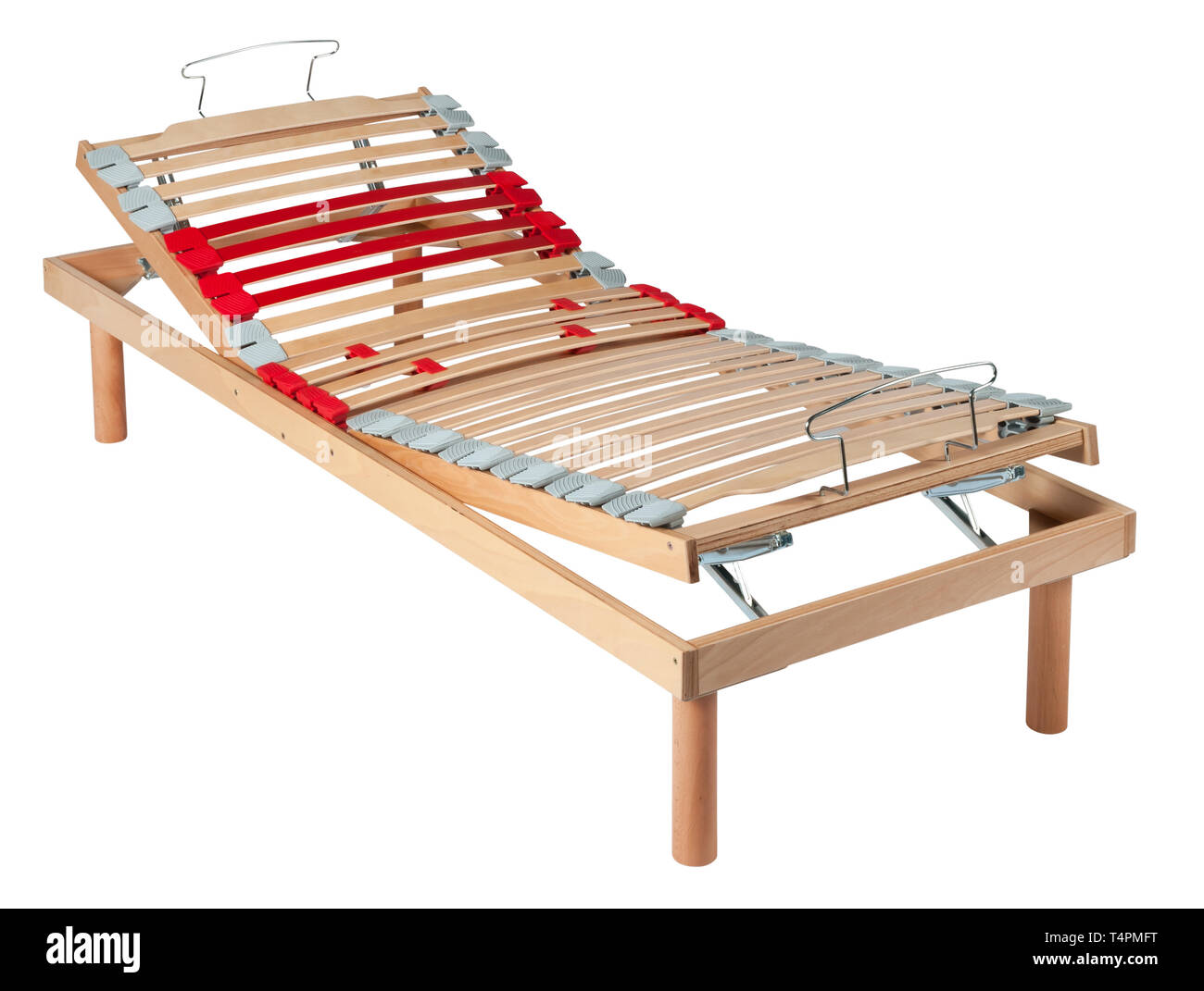Single wooden orthopaedic net bed with double manual movements or adjustable mechanisms isolated on white with no bedding Stock Photo