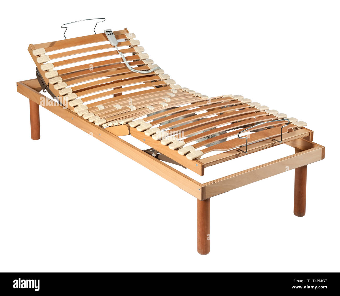 Single wooden orthopaedic bed with net and shock absorbers and electric adjustment mechanism isolated on white Stock Photo