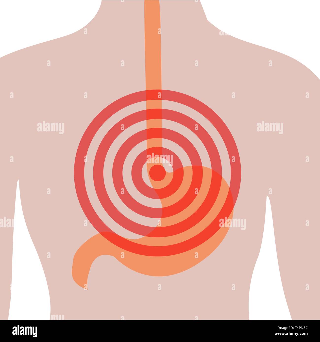 Stomach ache in Human body. Abdominal pain. Heartburn. Disoder of digestive system Stock Vector