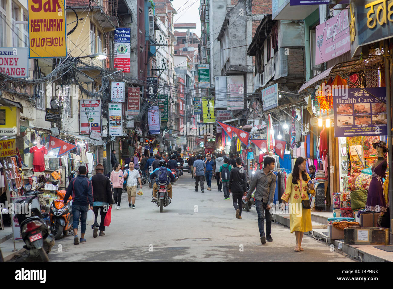 A busy street in the tourist district of Thamel in Kathmandu, Nepal Stock Photo