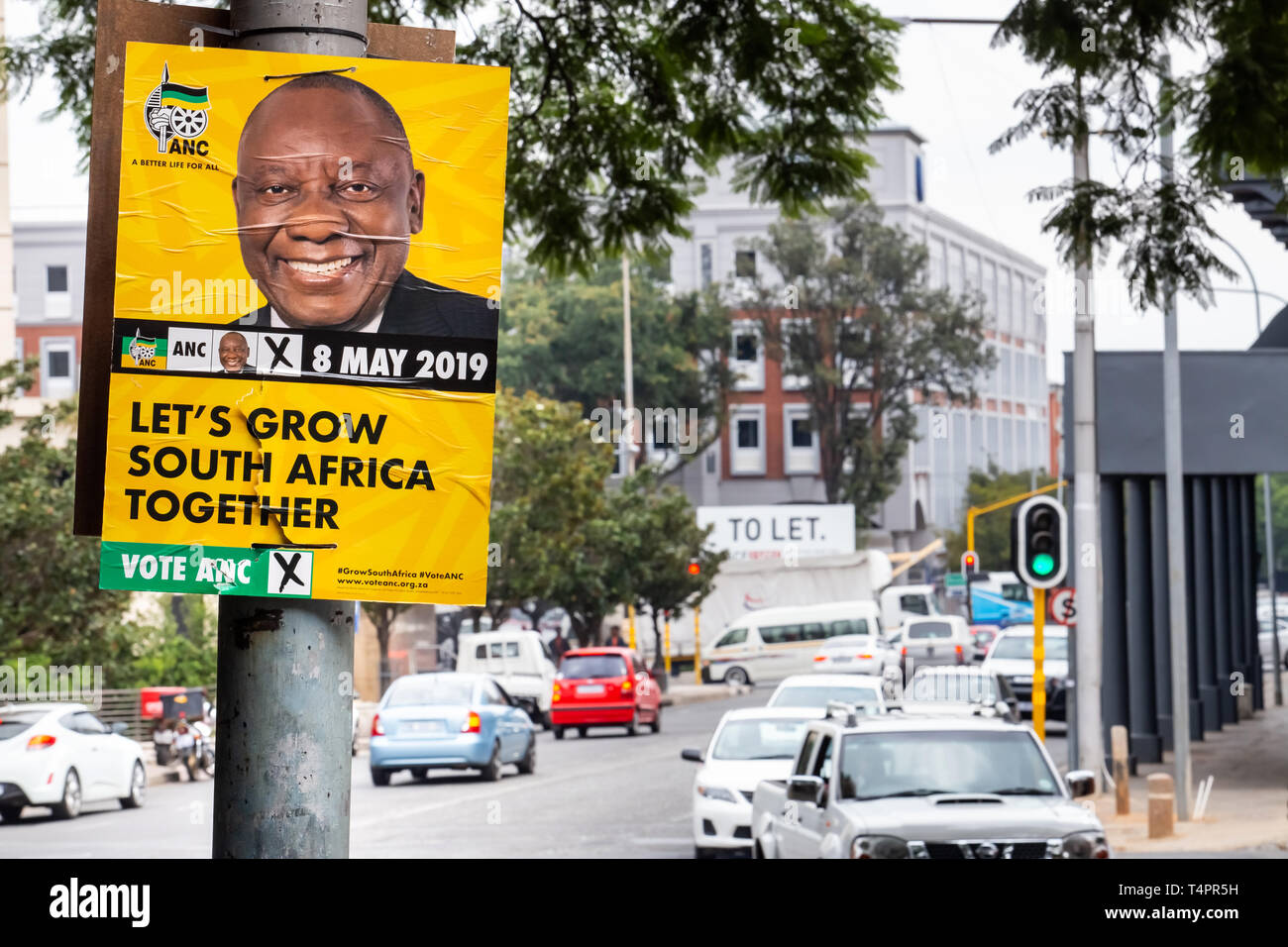 Johannesburg, South Africa, 22nd March- 2019: Political election posters attached to polls in city centre. Stock Photo