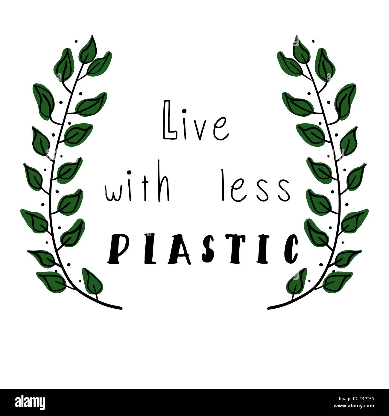 Live with less plastic. No Plastic concept illustration with a motivation slogan and a plastic bag with a sad fish inside. Vector Illustration. Stock Vector