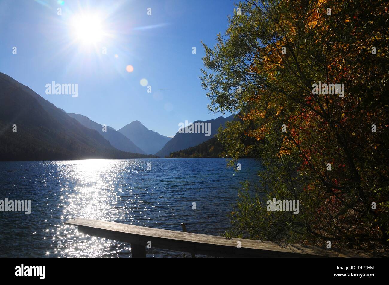Steg, Plansee, Reutte District, in the background the Tauern Spitz, Tyrol, Austria, Europe Stock Photo