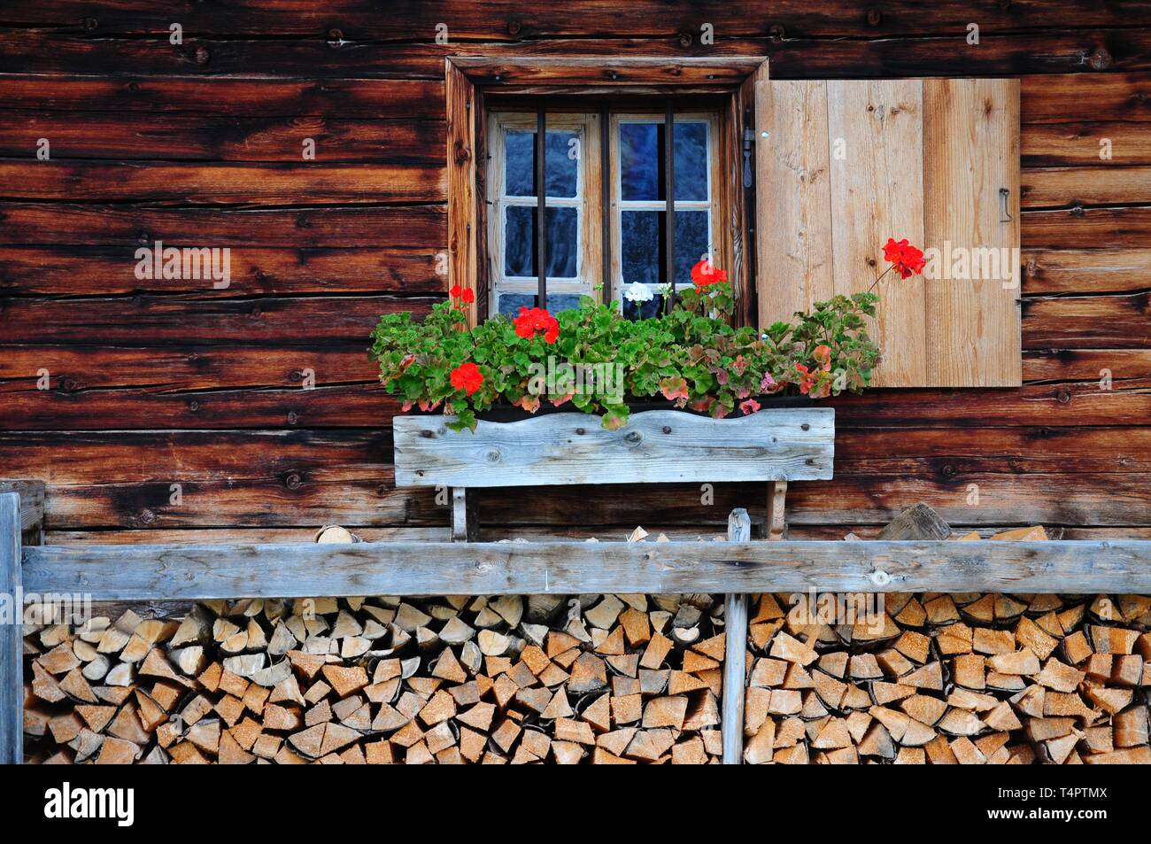 Geraniums at a window of a country house, Almdorf Eng, Karwendel, Tyrol ...