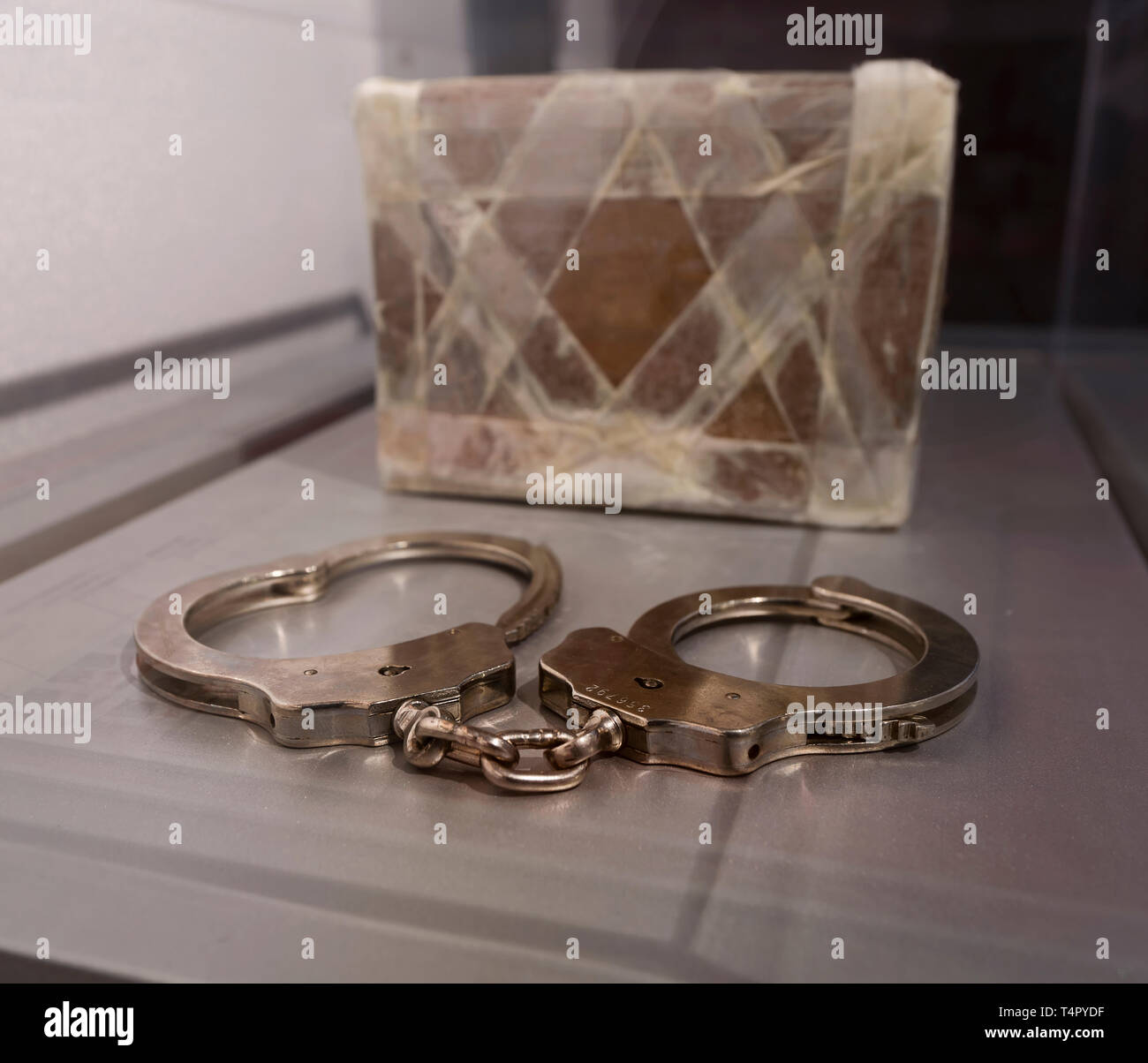 Handcuffs used during arrest of Unabomber Theodore J. Kaczynski. Stock Photo
