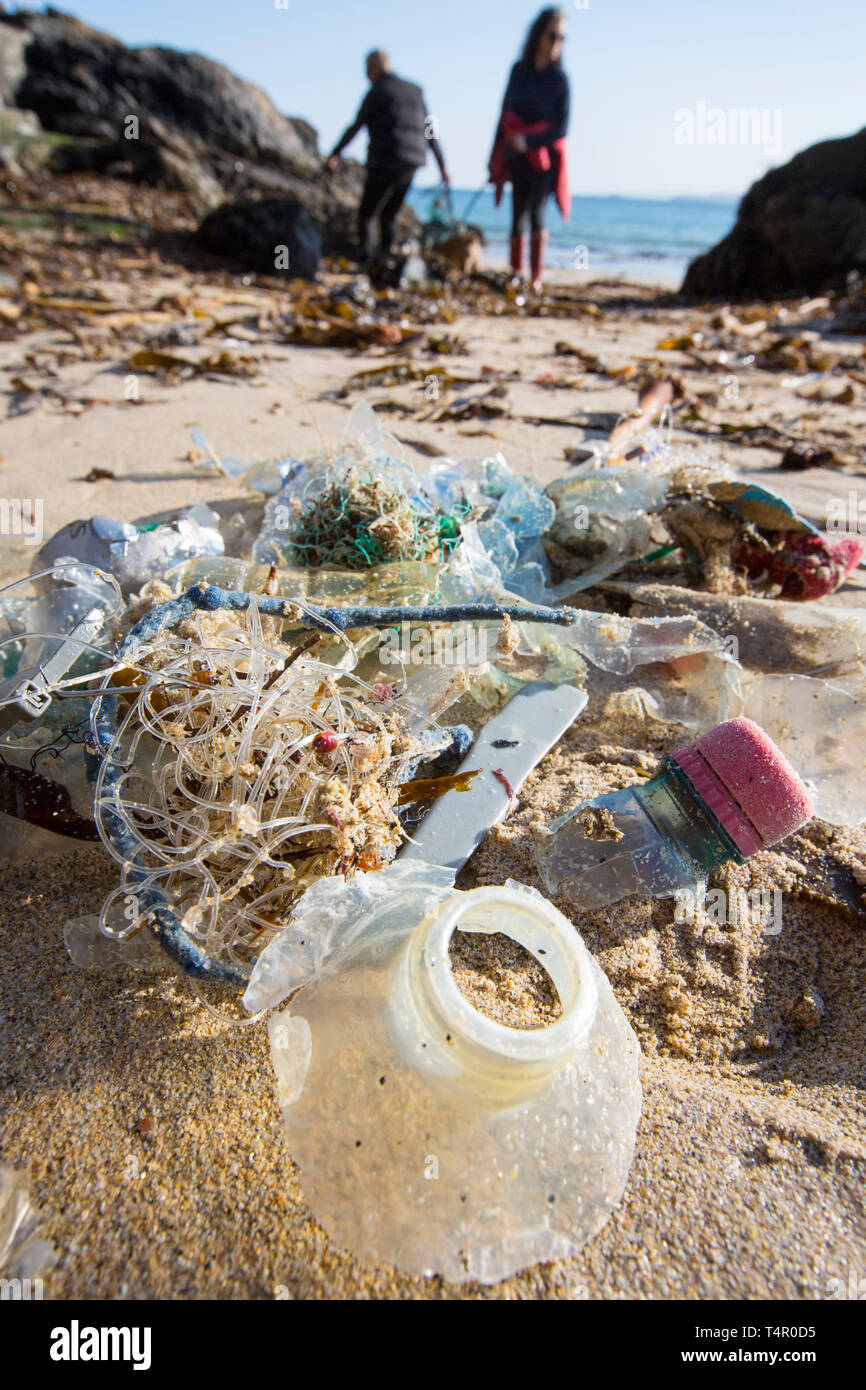 Plastic rubbish washed up on the beach in St Ives, Cornwall, UK Stock ...