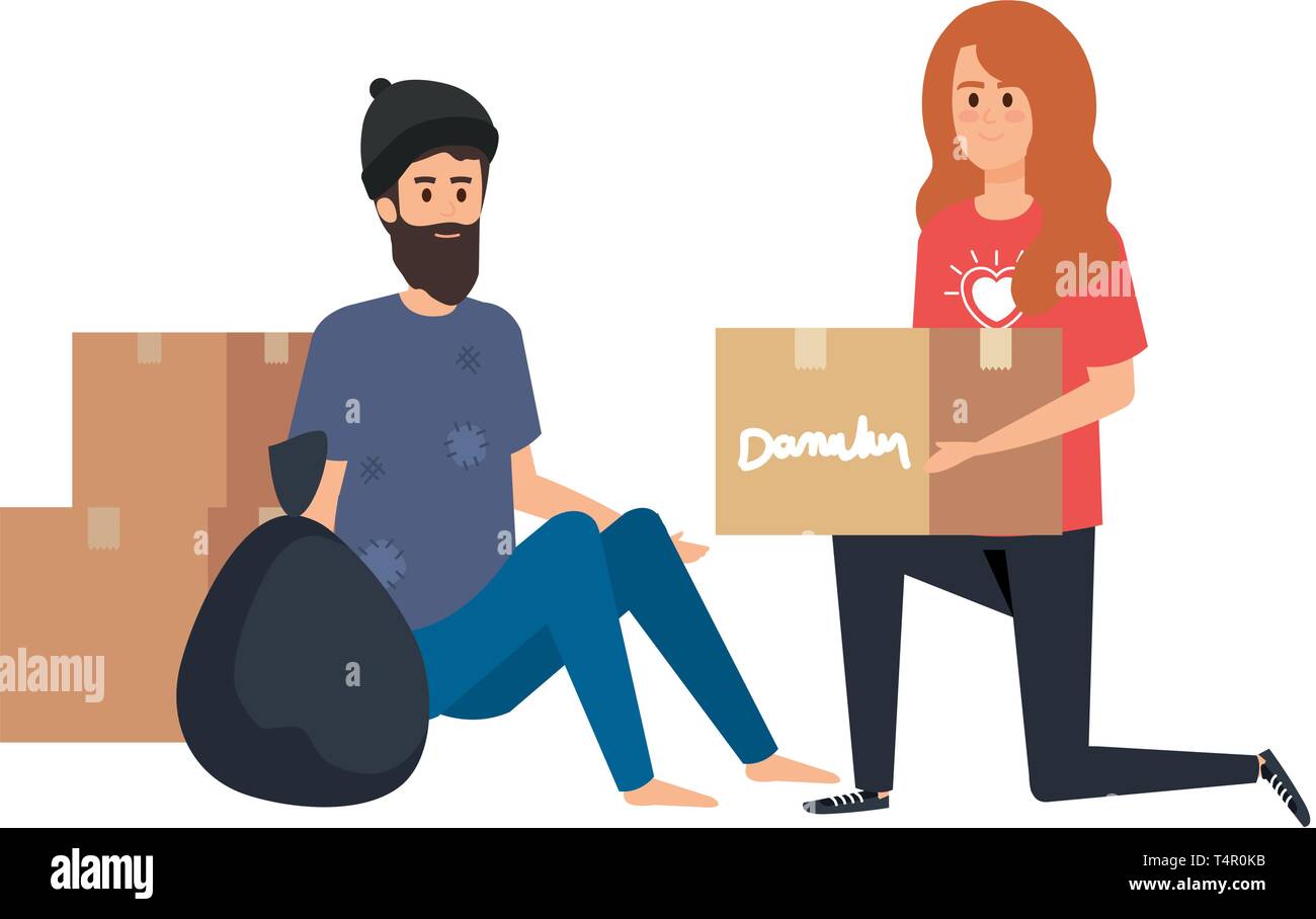 woman volunteer giving a homeless man donations box Stock Vector Image ...