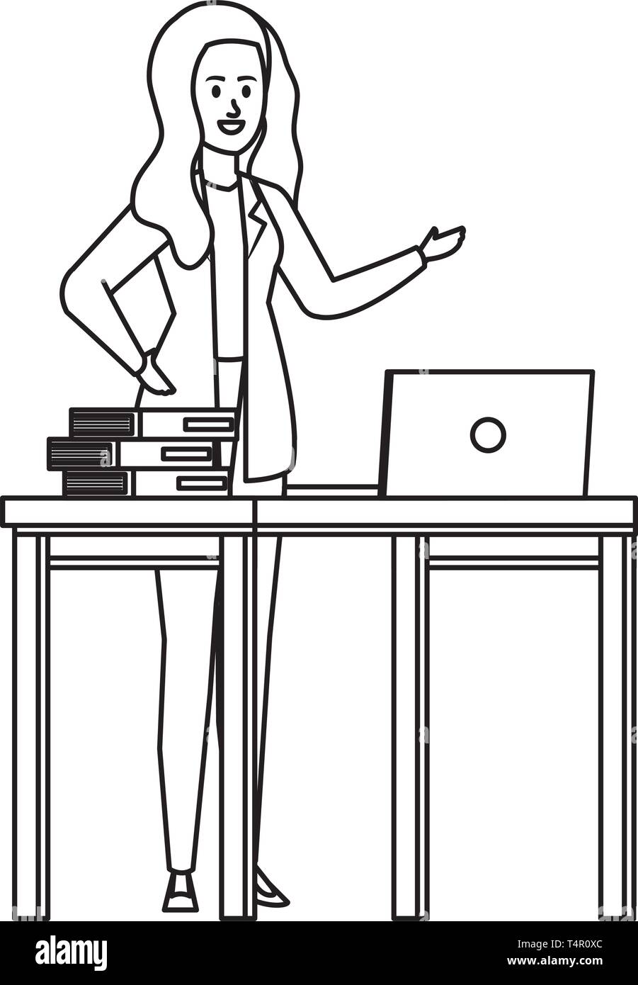 young teacher female in desk with laptop and books Stock Vector Image ...